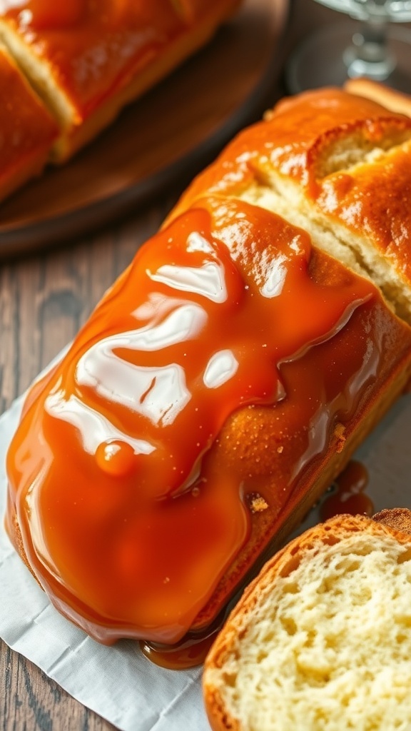 Freshly baked bread with a shiny glaze on top, served on a wooden table.